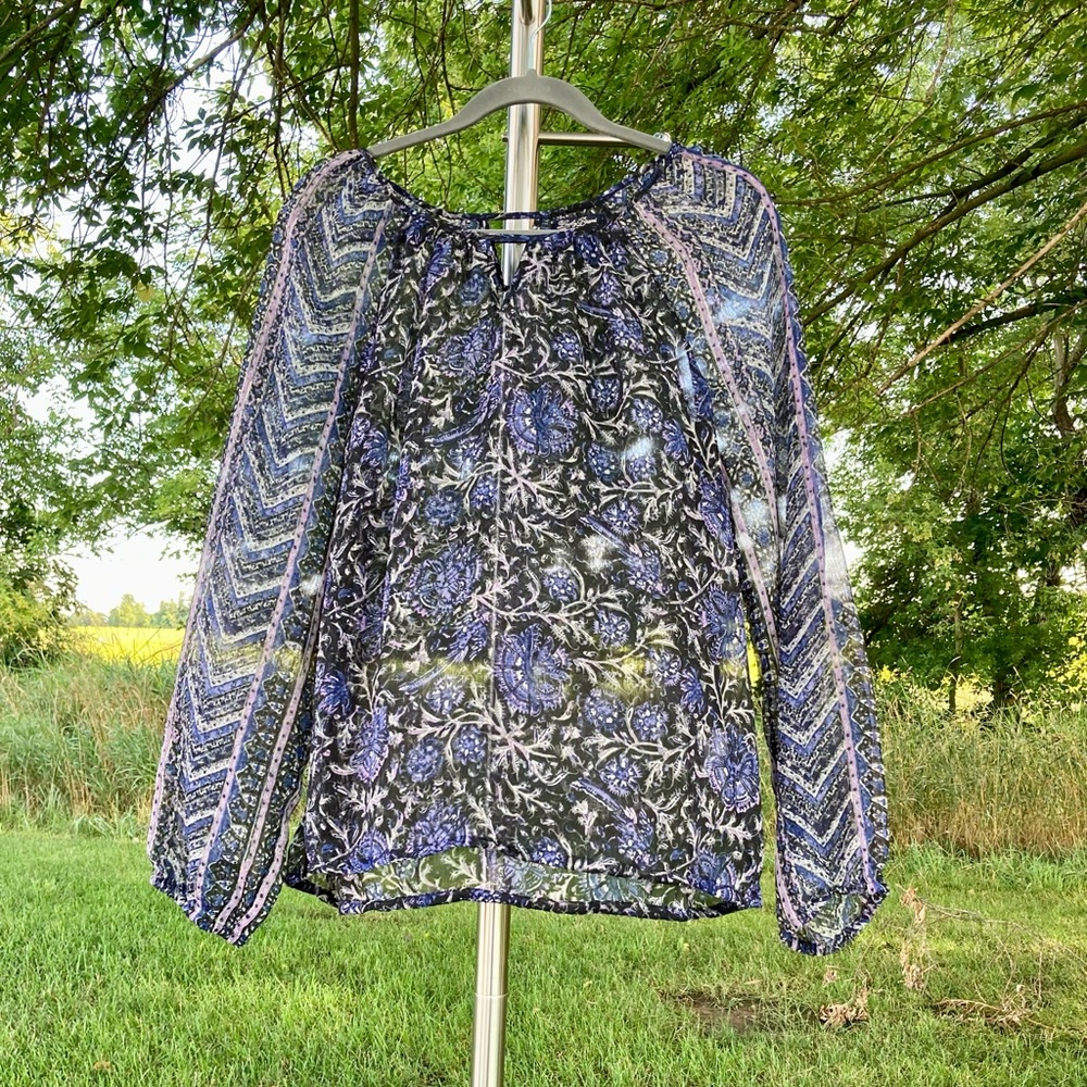 Lucky Brand:  Women’s sheer top in shades of black, grey & purple.  Size medium